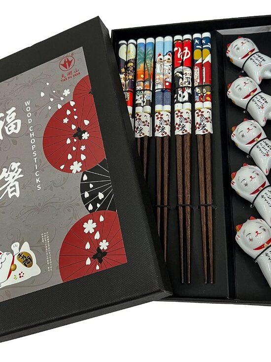 Other - Wooden Chopsticks Reusable 5 Pairs Gift Set with 5pcs porcelain rest Lucky Cat D